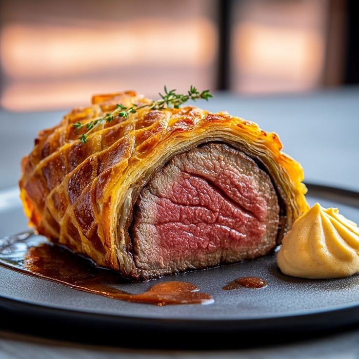 Beef Wellington wrapped in puff pastry